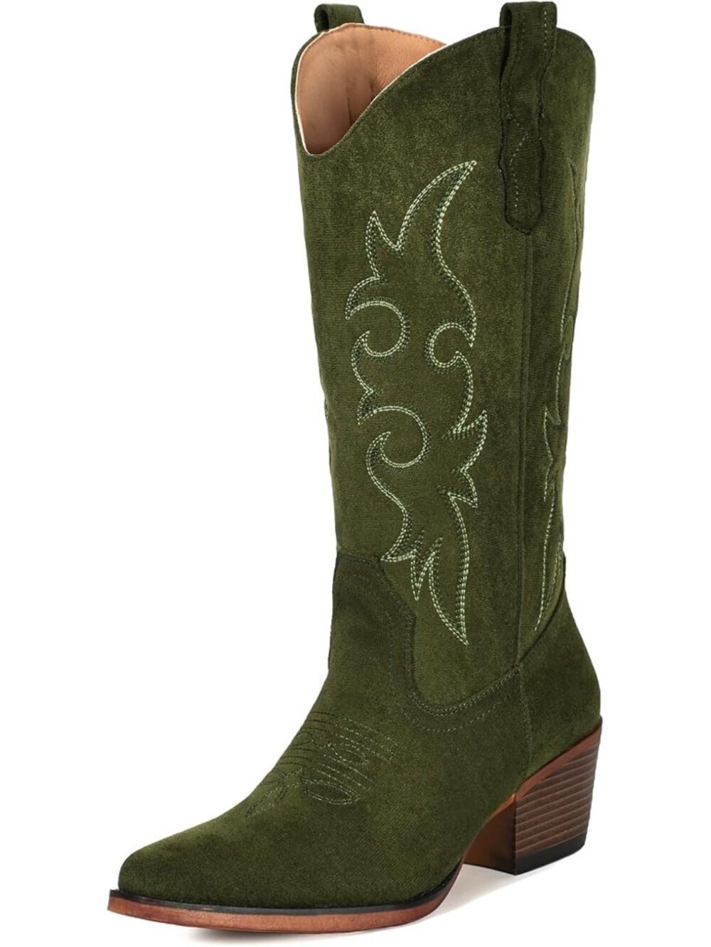 Women’s Green Suede Western Cowgirl Cowboy Boots Mid-Calf Snip Toe Chunky Heel - Picture 5 of 6